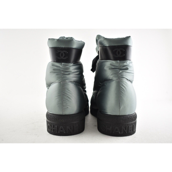 Chanel 18B Green Black Nylon CC Logo Coco Neige Snow Winter Lace Up Tie Boots 42 - Picture 10 of 10